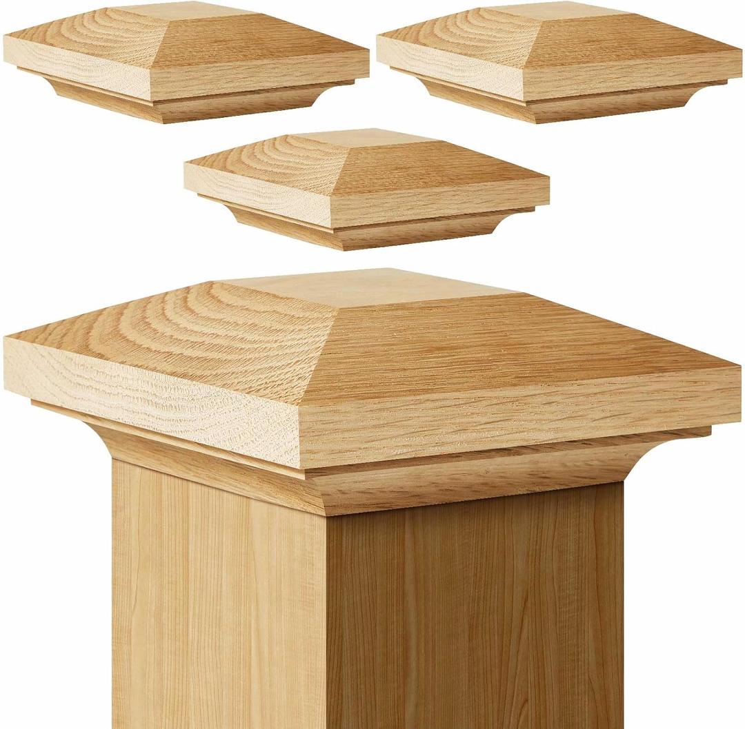 Sasylvia 4 Pcs 3.5 x 3.5 Inch Red Oak Wood Newel Post Cap Fence Post Cap Mounting Kit for Indoor Stair Outdoor Fences Mailboxes Decks