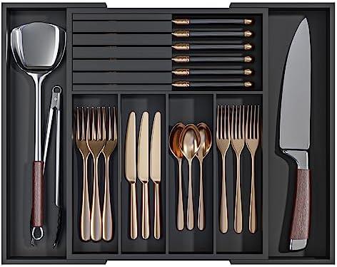 WUSHIZHUHUN Utensil Organizer Silverware Tray for Drawer - Bamboo Knife Drawer Organizer Expandable Cutlery Organizer in Drawer Knife Block W12.8-20.2" x L16 x H2 (Black)
