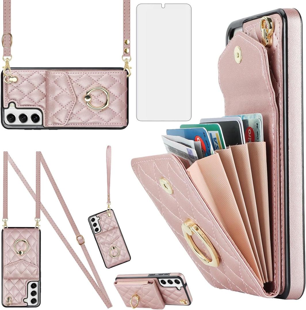 Asuwish Phone Case for Samsung Galaxy S22 5G Wallet Cover with Tempered Glass Screen Protector and Crossbody Wrist Strap Ring RFID Blocking Card Holder TPU Cell S 22 22S 4G G5 6.1 inch Women Rose Gold