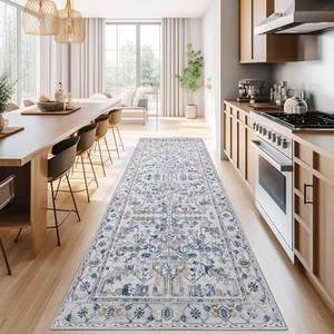 jinchan Lima Kitchen Runner Rug 3x7 - Vintage Floral Machine Washable Non-Slip Hallway Runner Rug with Rubber Backing Ultra-Thin Carpet for Bedroom Laundry Room Farmhouse (3x7ft, Blue)