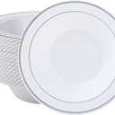 JOLLY PARTY 50 Plastic Bowls with Silver Rim-12oz Disposable Soup Bowls, Christmas Thanksgiving Premium Heavy Duty Plastic Dessert Bowls for Wedding/Party, Silver