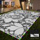 Pafolo Outdoor Rug Waterproof, 5'x8' Reversible Patio Rug with Lights, 4 Rug Stakes, Non Shedding, Easy Cleaning, Foldable Outside Mat for RV, Camping, Porch, Deck, Beach, Patio, Picnic, Grey&White