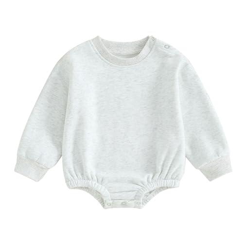 Gueuusu Newborn Warm Sweatshirt Romper Baby Boy Girl Solid Crewneck Long Sleeve Fleece Sweater Bodysuit Thick Winter Clothes (Light Gray, 3-6 Months)