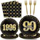 200PCS 90th Theme Birthday Party Tableware Vintage 1936 Party Supplies 90 year old Birthday Party Decorations Plates Napkins Forks Black and Gold Dinnerware Favors for Men or Women