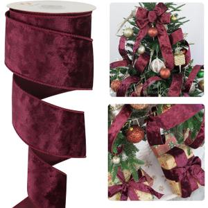 HUIHUANG Burgundy Velvet Ribbon Wired 2-1/2 inch, Christmas Velvet Ribbon for X-mas Tree, Large Bows, Wreaths, Gift Wrapping, Garland, Home Decor, Crafts-Continuous 10 Yards/Roll
