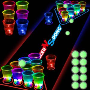 YHFUISK Glow in The Dark Beer Pong Table Mat, Drinking Game Pong Game with Party Cups, Glow Pongs for Indoor Outdoor Party Game Party Supplies Decoration Flashing&Red&Blue1