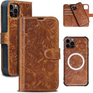 Leather case Compatible with iPhone 13 pro Max Wallet 6.7",Genuine Leather 2-in-1 Magnetic Detachable Shockproof,Flip Folio Cover with Card Slot, Wireless Charging [RFID Blocking] Brown