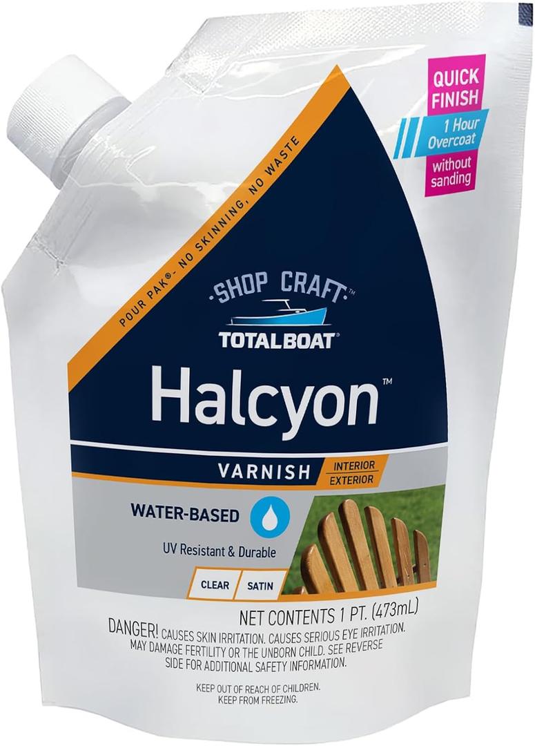 TotalBoat Halcyon Marine Varnish - Water Based Polyurethane Wood Finish for Interior and Exterior Use (Clear Satin, Pint)