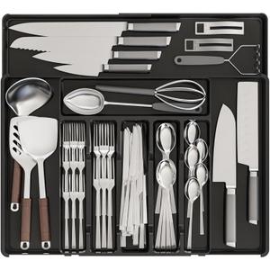 Expandable Silverware Organizers for Kitchen Drawers,Large BPA Free Cutlery Organizer in Drawer,Plastic Utensil Drawer Organizer Suitable as Flatware,Knife,Fork,Spoon,Silverware Holder and Tray,Black