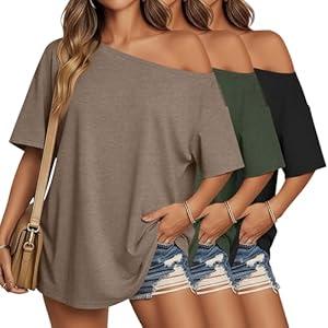 Oakgarden 3 Pack Women's Off Shoulder Tops Oversized Half Sleeve T Shirts Casual Loose Tees Summer Basic Tunic(Black, Army Green, Coffee,XXLarge)