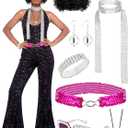 VillbeCoser 70s Disco Outfits for Women Retro Jumpsuit Costume Set 1970s Accessories Glasses Wig Halloween Party (Large, Black)