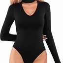 MANGOPOP Mock Turtleneck V Neck Long Sleeve Bodysuit for Women Cutout Front Body Suit Sexy, Size XL