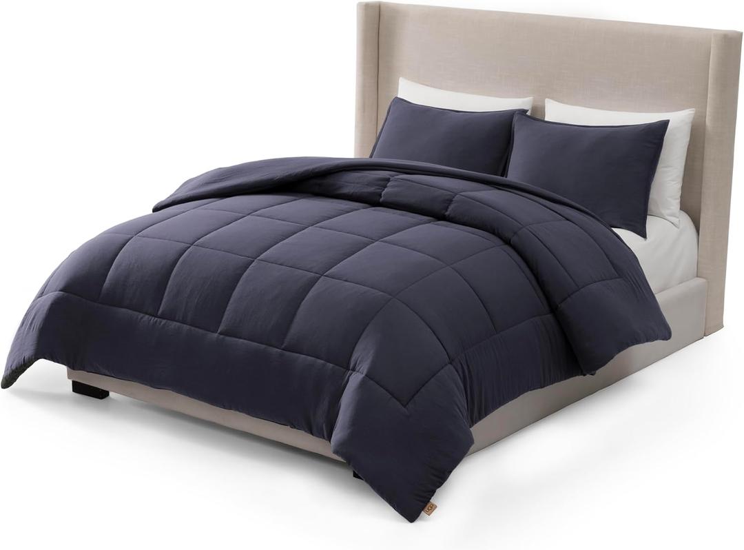 UGG Full/Queen Comforter Set with 2 Pillow Shams, Lightweight Down Alternative Blanket, Reversible Cozy Warm All Season Washable, Hypoallergenic Bedding Set, Navy Blue (Leonora)