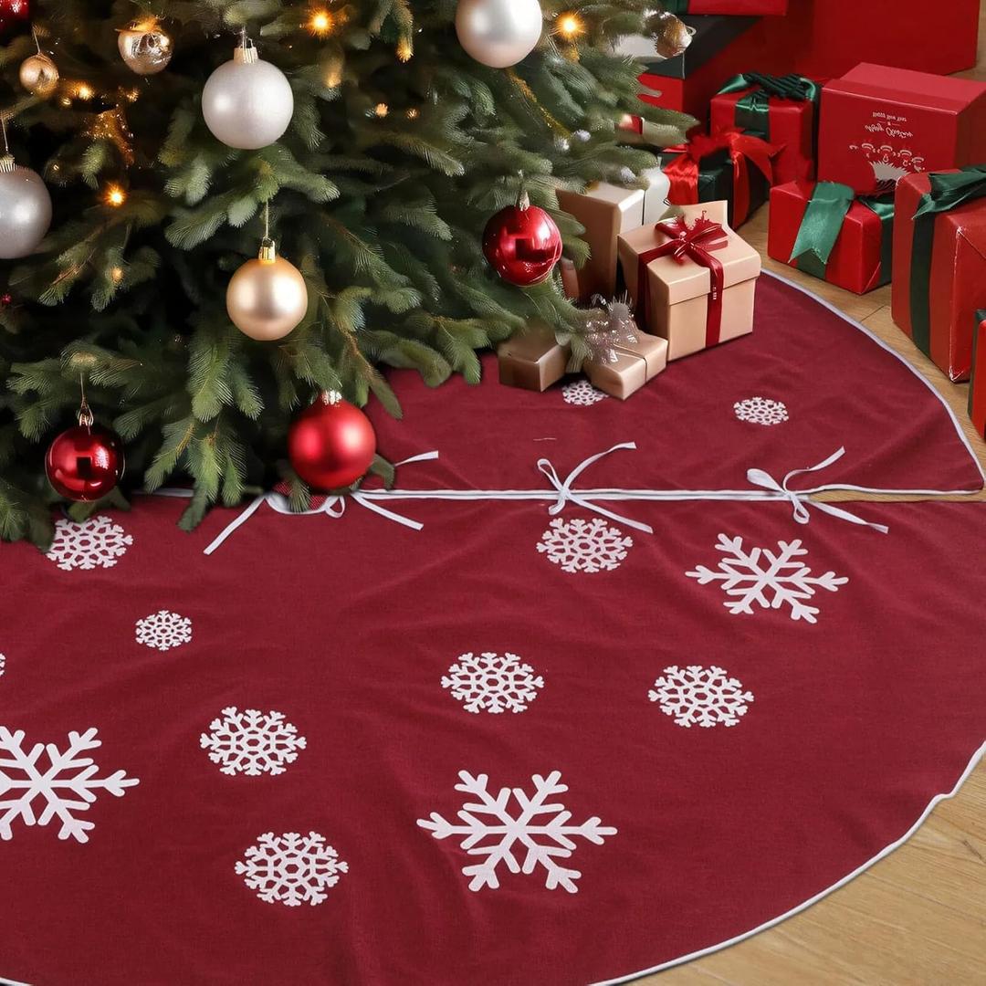 VercanMonth 100 Inch Large Christmas Tree Skirt, Burlap Tree Skirt White Snowflake Xmas Mat for Christmas Home Farmhouse Holiday Indoor Outdoor Decoration (Red)