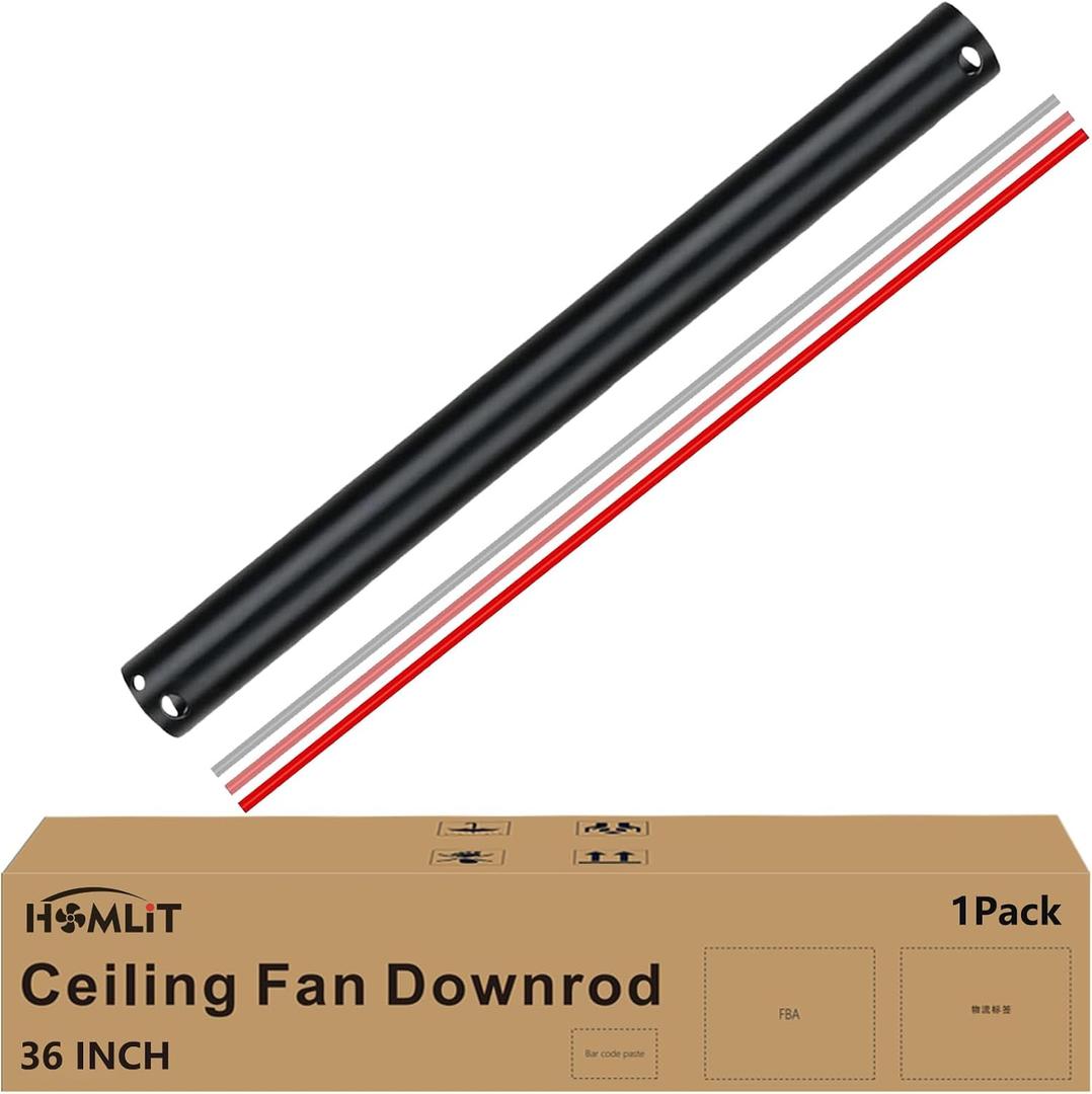 36 inch Ceiling Fan Downrod with Extension Cord, 3 FT Black Downrod for Ceiling Fan, 1" Diameter, Universal Down Rods Fits 42/52/60 inch Ceiling Fans-Not Threaded