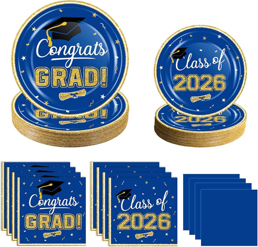 320 Pcs Graduation Table Decorations Party Supplies - Blue Gold Graduation Plates and Napkins Class of 2026 Disposable Dinnerware Set for College High School Congrats Grad Party Favors, Serve 80