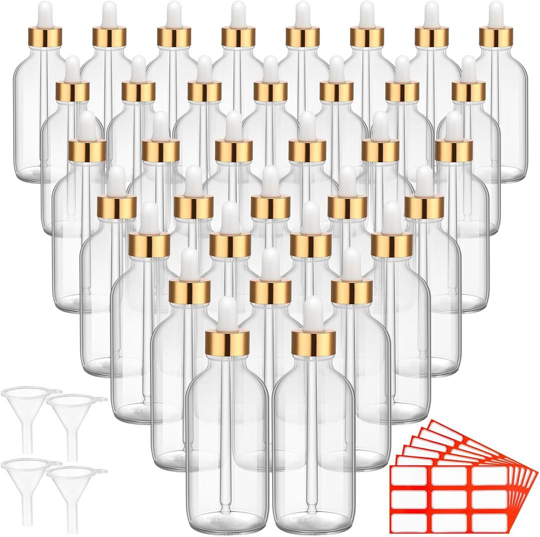 Dandat 50 Pack 4 oz Glass Dropper Bottles Leakproof 120 ml Glass Tincture Bottles with Eye Droppers, 4 Funnels, 54 Labels for Essential Oil Perfumes Hair Oil(Clear)