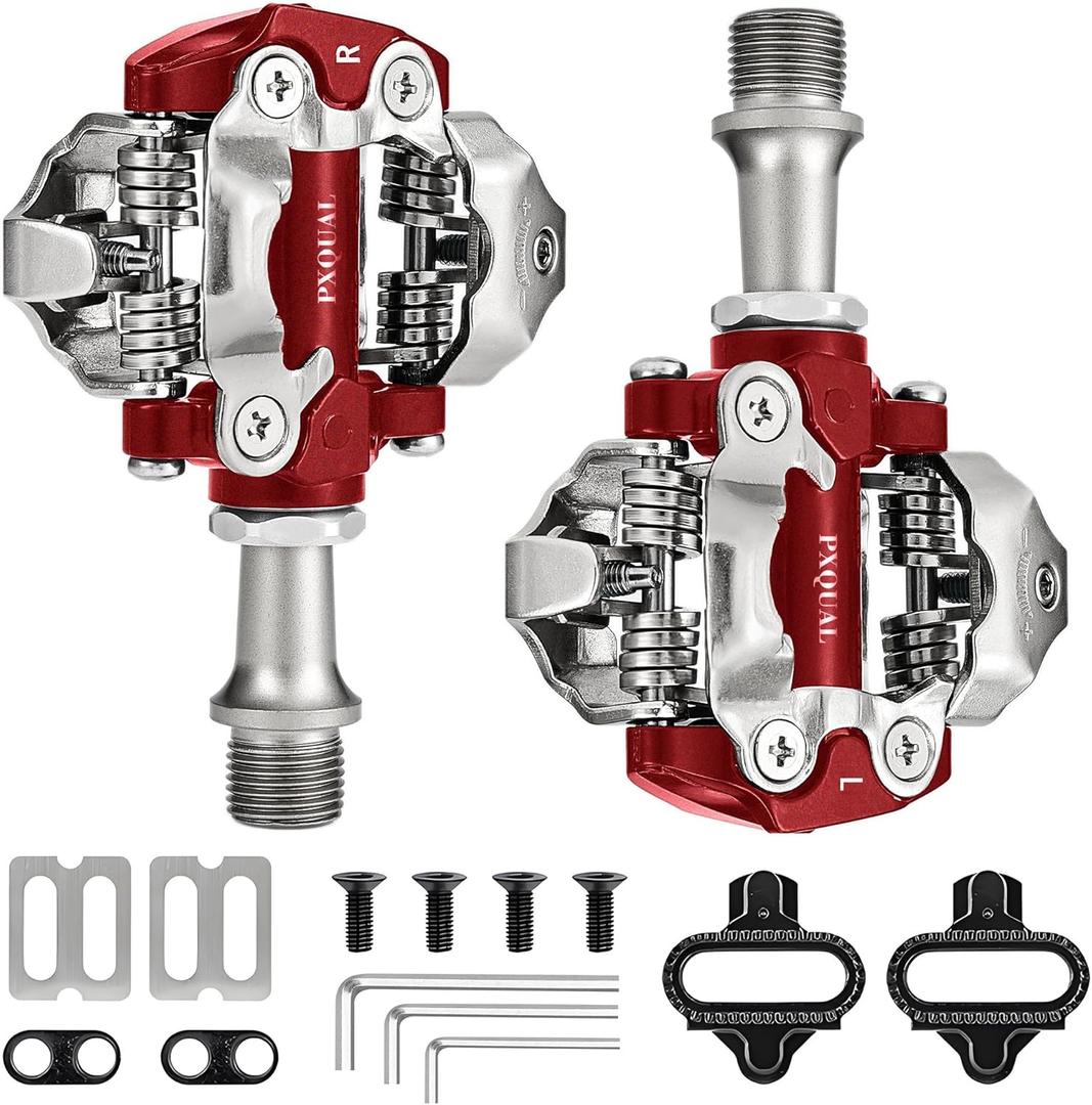SPD Bike Pedals, 9/16 "Mountain Bike Pedal, Aluminum Alloy Sealed Clipless Pedals Compatible with SPD Type Cleats - Easy Clip in & Out (Red-Dual&Clipless)
