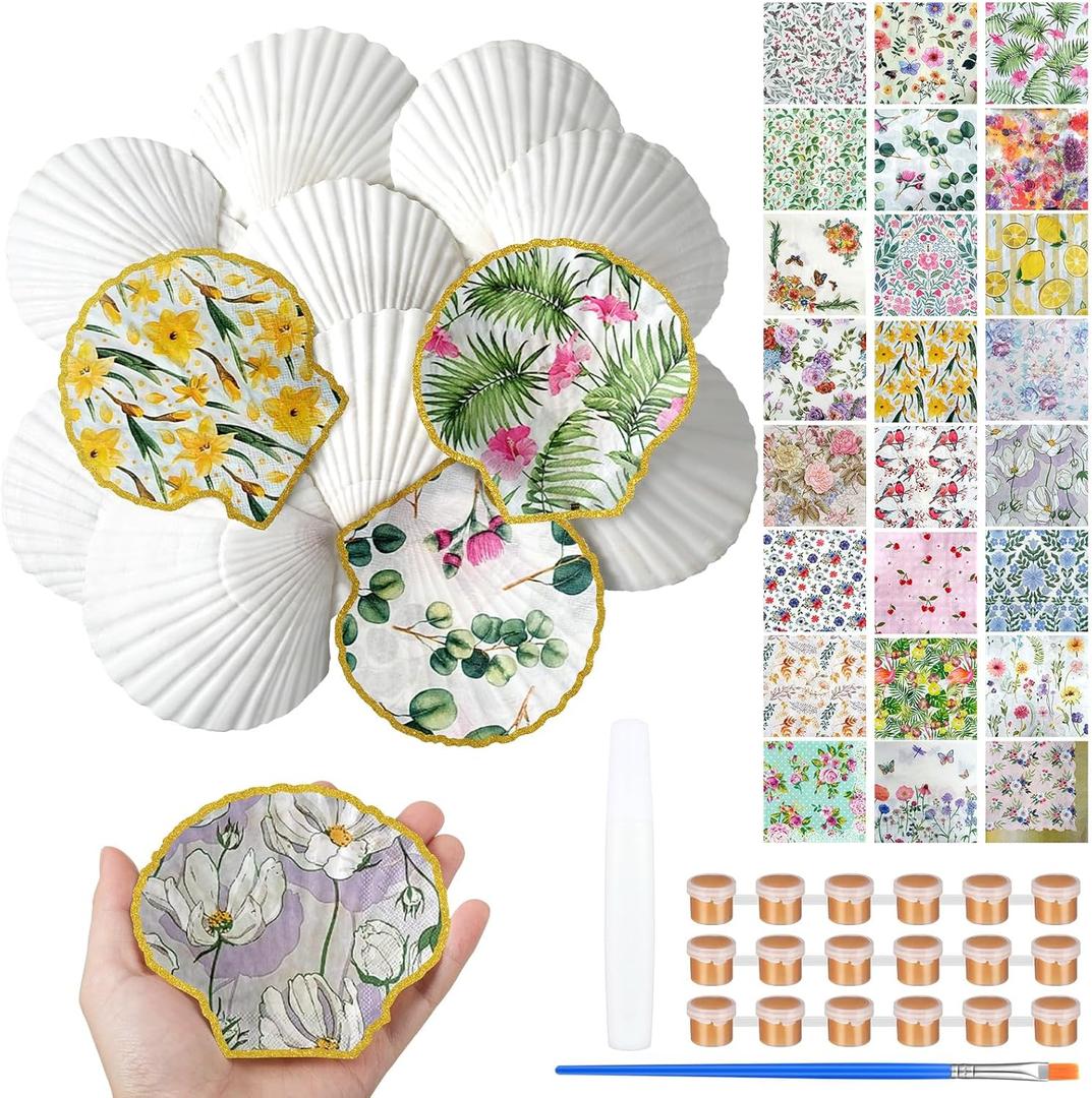 Halloscume 12 Set Scallop Shells for Crafts 4''-5'' White Natural Large Shells with 24 Pcs Decoupage Paper Napkin Acrylic Paint Strips and Brushes DIY Crafts Seashells Ornaments(Vivid Blooms)