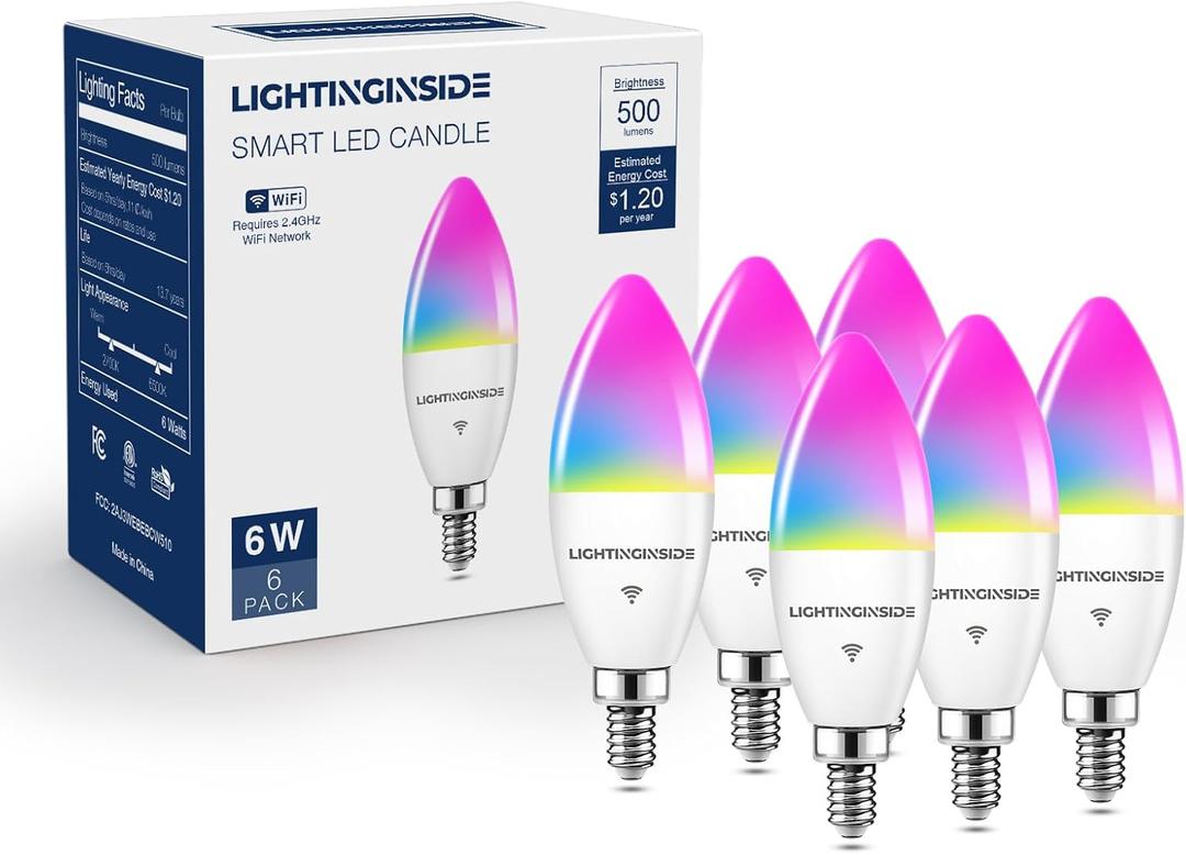 Lightinginside E12 Smart Light Bulbs 60W Equiv., Work with Alexa/Google Home/SmartLife, 500LM 6W RGBCW Candle Candelabra LED Light Bulbs, No Hub Required, 2.4G WiFi Bluetooth Bulb, ETL Listed, 6PCS (Multicolor)