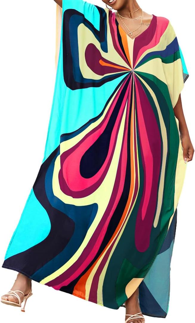 Bsubseach Kaftan Dresses for Women V Neck Batwing Sleeve Plus Size Caftans Swimwear Coverups Maxi Beach Dresses (Colorful)