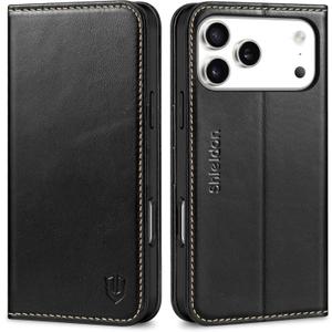SHIELDON Genuine Leather Wallet Case for iPhone 17 Pro Max 6.9" 2025 | RFID Blocking Card Holder | Folio Magnetic Cover | Kickstand | Full Protective Phone Shell for Women Men | Retro Black