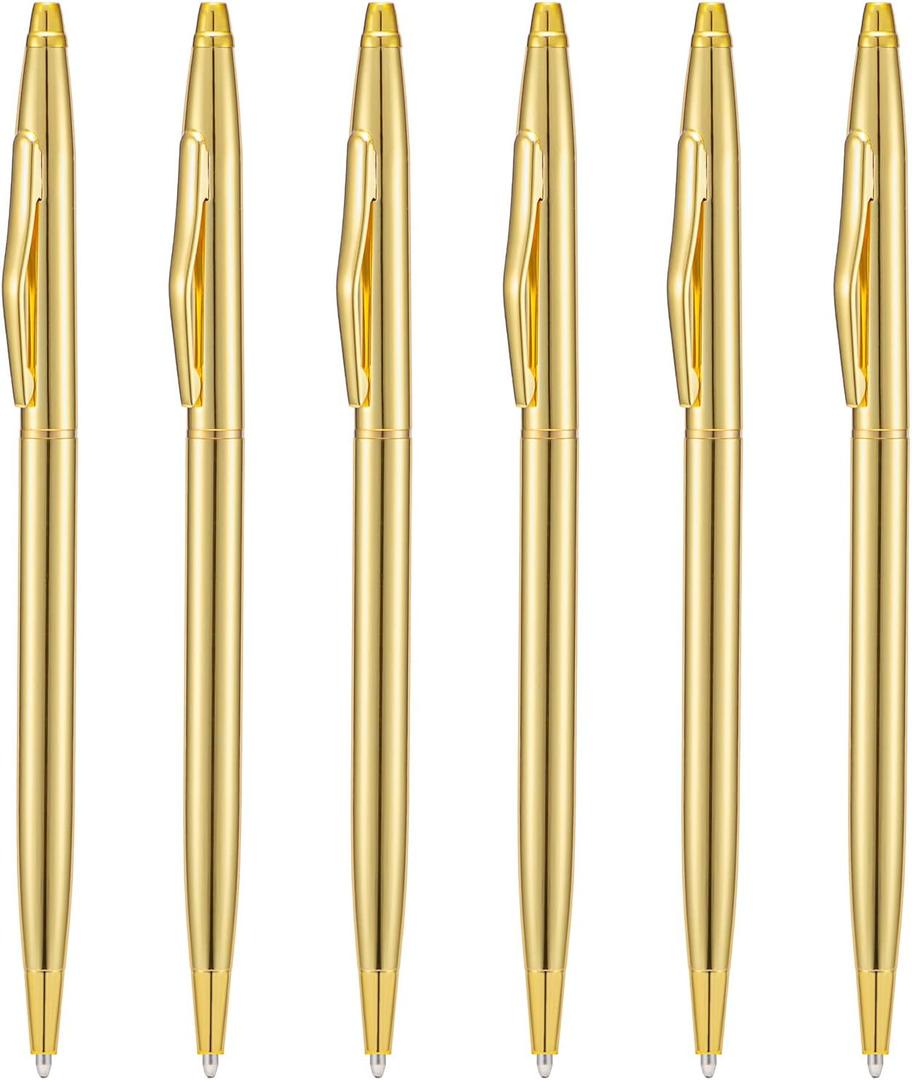 Wikult 6 Pieces Golden Slim Metal Ballpoint Pen, 1mm Medium Point Black Ink Smooth Writing, for Business Office Teacher Student Wedding Guest