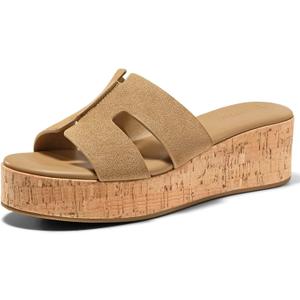 Coutgo Women's Platform Wedge Sandals Open Toe Slip On Slides Cork Heeled Cutout Comfortable Summer Shoes, Coffee, Size 6