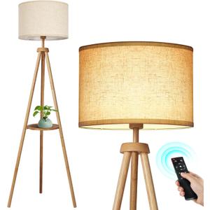 OUTON Wood Tripod Floor Lamp with Shelves, Mid Century Floor Lamp with Remote Control,4 Color Temperature, LED Modern Dimmable Standing Lamp with Beige Linen Shade for Living Room, Bedroom, Office