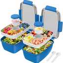 Cherrysea Salad Lunch Container, 68oz Salad Bowls with 4 Compartments Tray,Leak Proof Lunch Box with Fork for Men,Women BPA-Free Snack Box with Sauce Container for Dressings - Blue Set of One