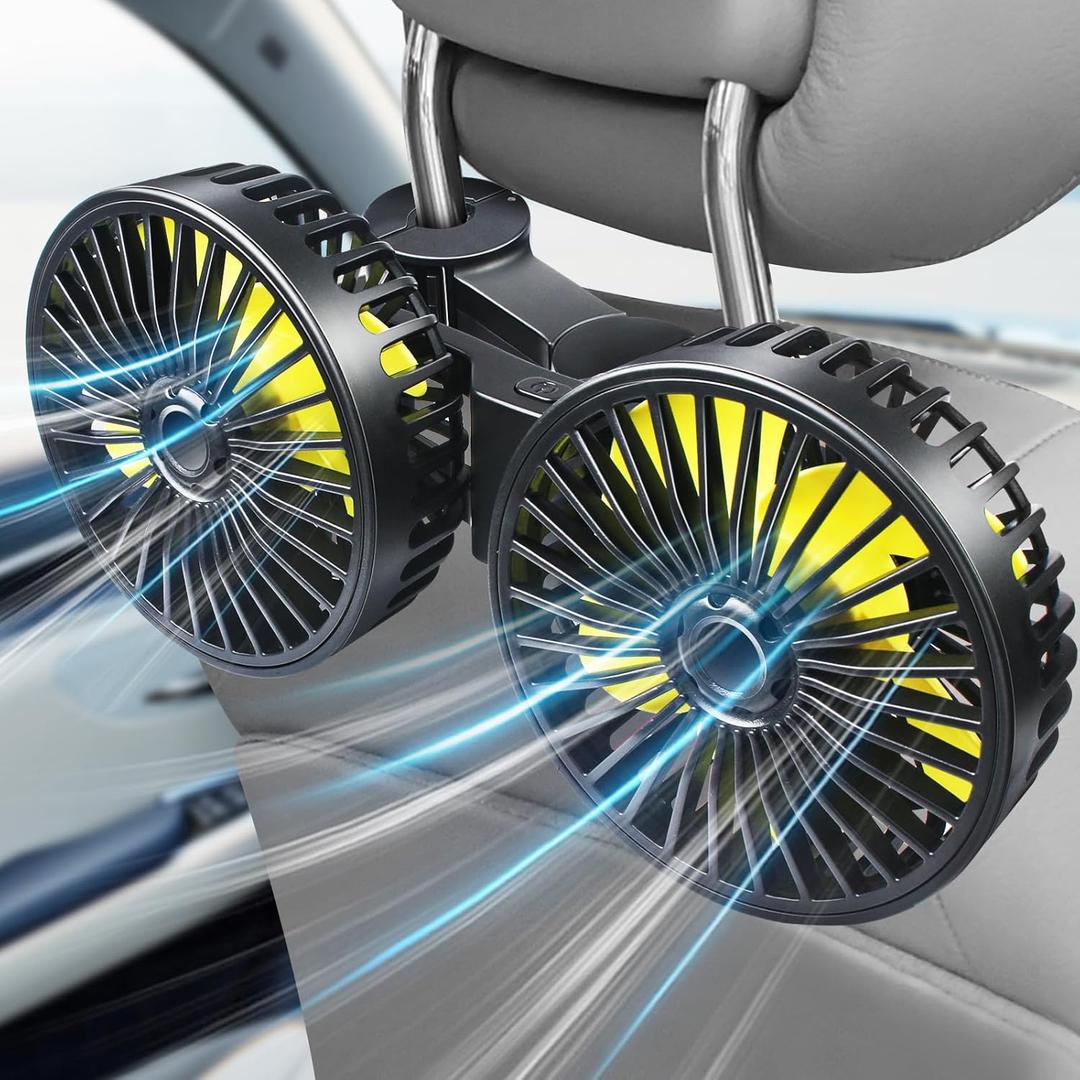 Poraxy Car Fans for Backseat Kids, Dual Head Car Fans that Blow Cold Air, Cooling USB Back Seat 3 Speed 360 Degree Rotatable Headrest Fan, Adjustable Clip Vehicles Rear Seat Air Fan for Sedan SUV RV
