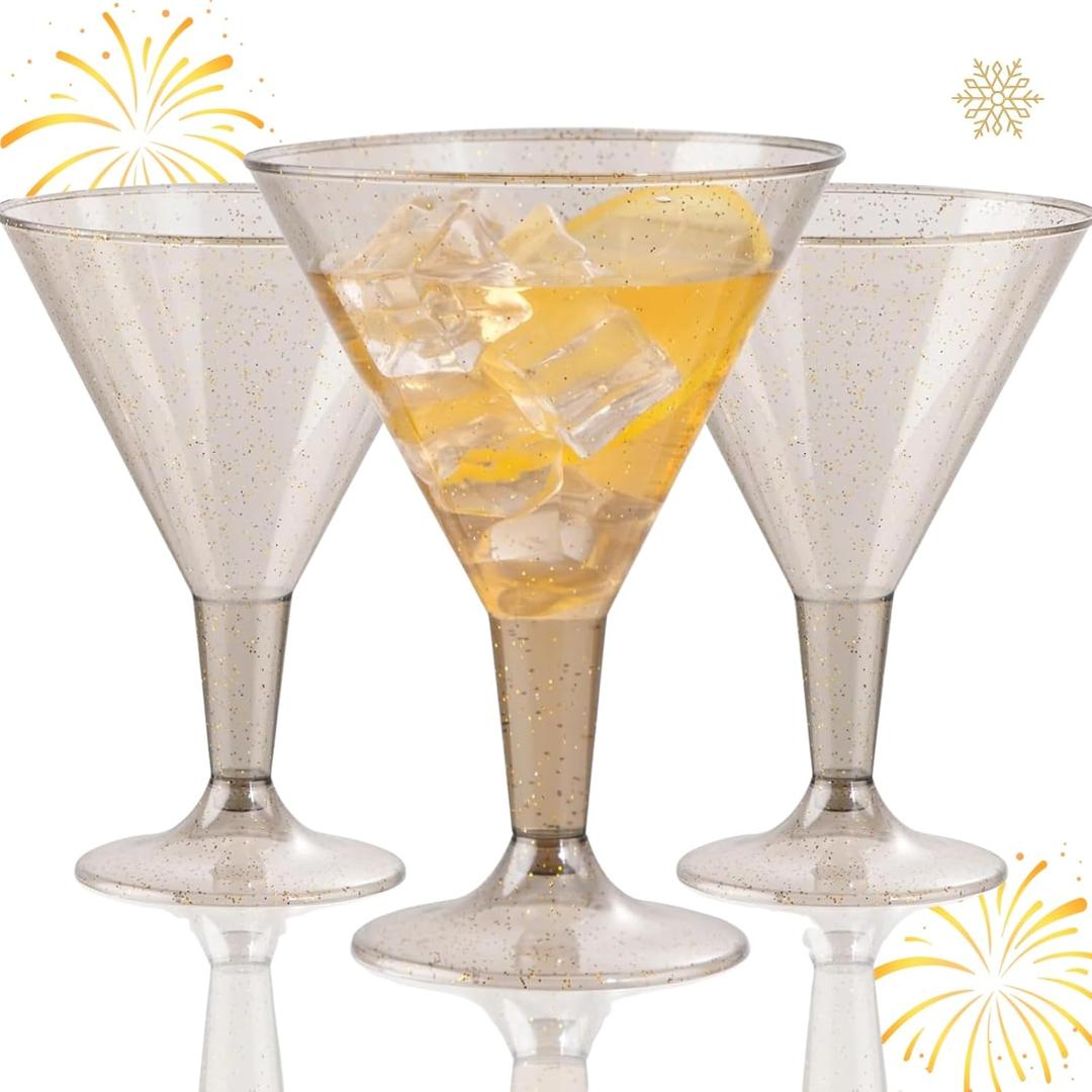 Liacere 24 Pack Gray Gold Glitter Plastic Martini Glasses - 6.25oz Disposable Cocktail Glasses - Plastic Margarita Glasses - Plastic Cocktail Glasses Perfect for Wedding&Party&Christmas&New Year