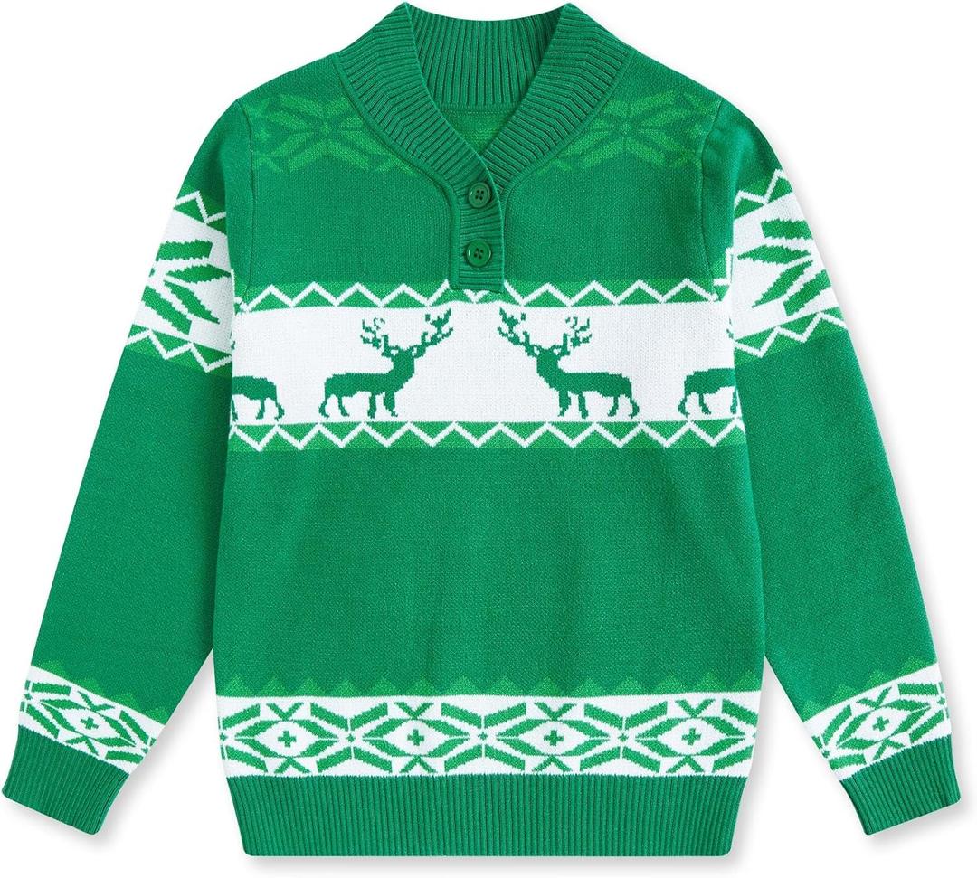 Funnycokid Boys Christmas Sweaters Kids Button Mock Neck Pullover Up Winter Xmas Holiday 5-12 Years (Green)