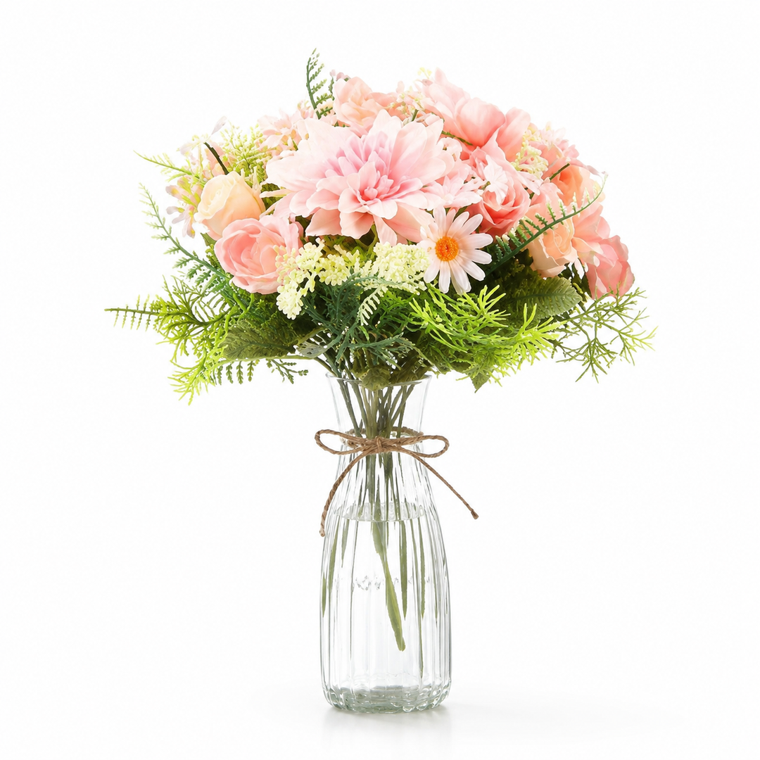 Reallnaive 9 Pieces Artificial Flowers Table Centerpieces Decorations with Vase Wedding Mason Jar 9 Bundles Silk Floral Bouquet 10 Clear Vase with 1 Pcs Rope for Party Decor(Dahlia,Pink)