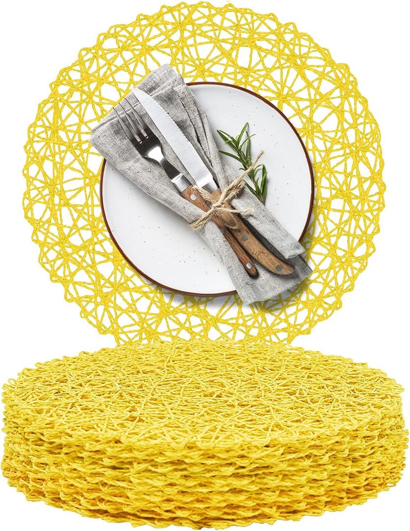AHHFSMEI Paper Braided Round Placemats Set of 12 Natural Non-Slip Heat Resistant Table Mats for Dining Tables Woven Indoor Outdoor Place mats(Yellow,12)