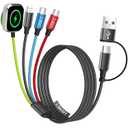 Travel Essentials Watch Charger, Dual Type-C 4 in 2 Multi Charging Cable, USB A/C Travel Charger for Multiple Devices for iWatch Ultra/SE/11-2, iPhone 17-11, Galaxy S25-21, iPad (1PACK 5FT) (1Pack-Green_Black_Blue_Red)