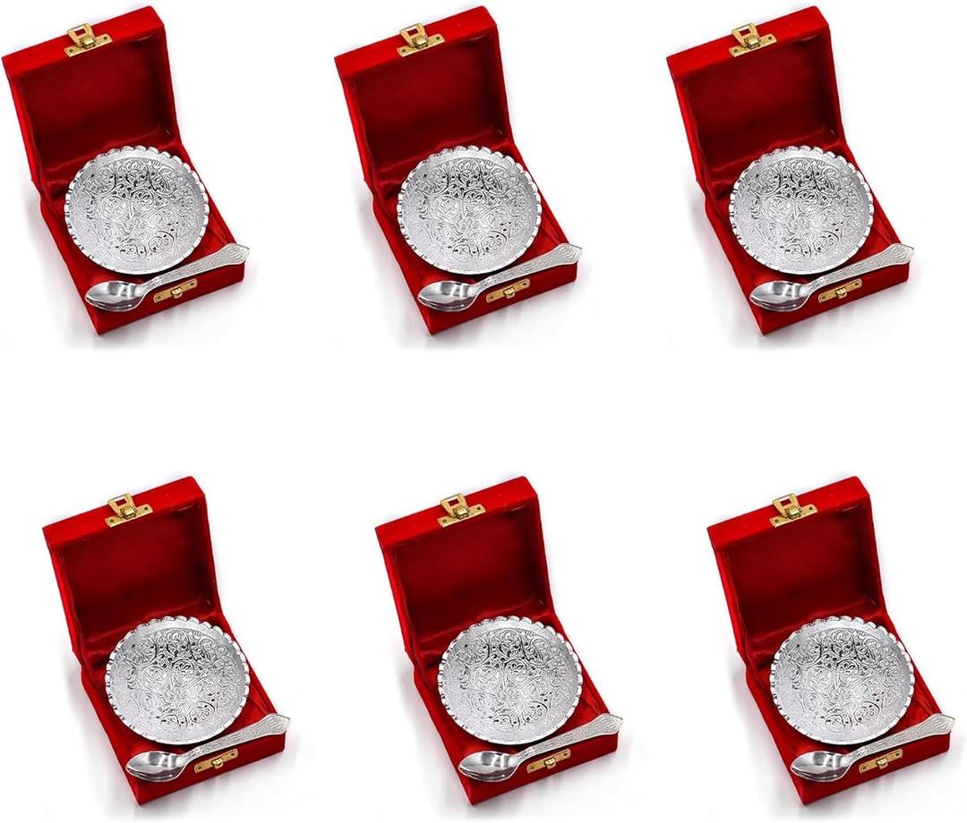 NOBILITY Bowl Spoon Set Silver Plated Light Weight with Red Velvet Box Friends Family Corporate Gift Items Dessert Dry Fruits Serving Diwali Christmas Eid Wedding Return Home Decoration Gifts 6 Pcs