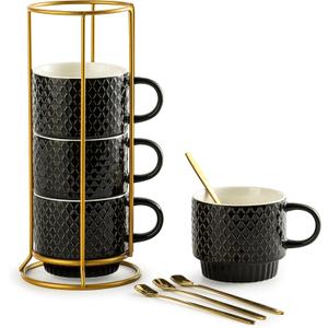Gomakren Coffee Mugs Set of 4, 13 Ounce Stackable Coffee Mug Set with Stand, Valentine Stoneware Coffee Cup with Spoon for Coffee, Milk, Tea, Cocoa, Black