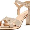 DREAM PAIRS Women's Chunky Heels Open Toe Ankle Strap Sparkly Heels Pump Sandals (9, Champagne/Glitter)