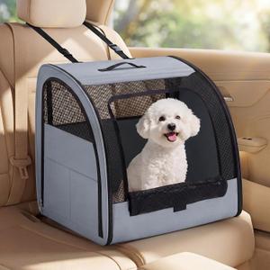 Dog Car Crate, Enclosed Foldable Cat Car Seat Carrier, 20x19x19.5in, Gray