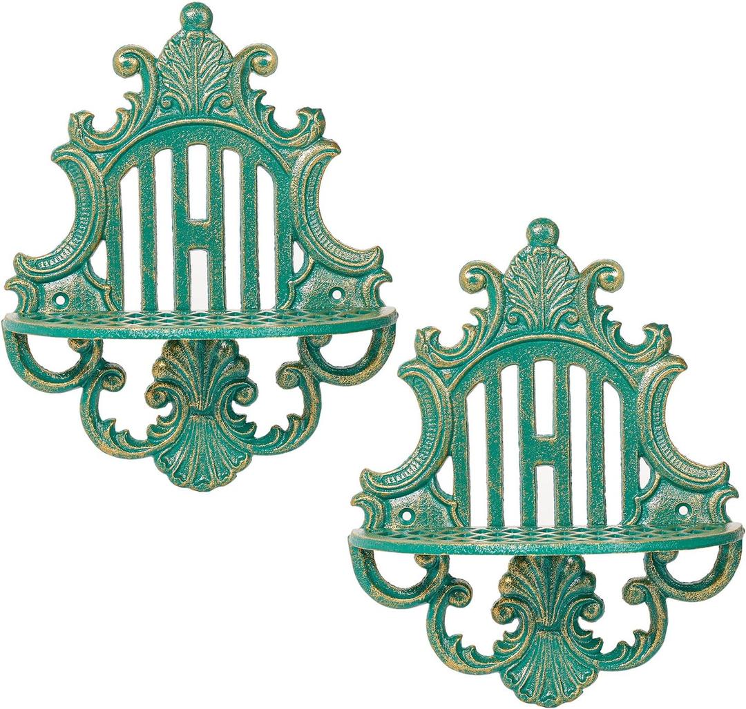Sungmor 2PC Gothic Floating Shelves for Wall, Heavy-duty Cast Iron Wall Mounted Shelf, Small Old-fashioned Wall Display Ledges, Pretty Greenish-blue Wall Hanging Shelves for Indoor Outdoor Wall Decor