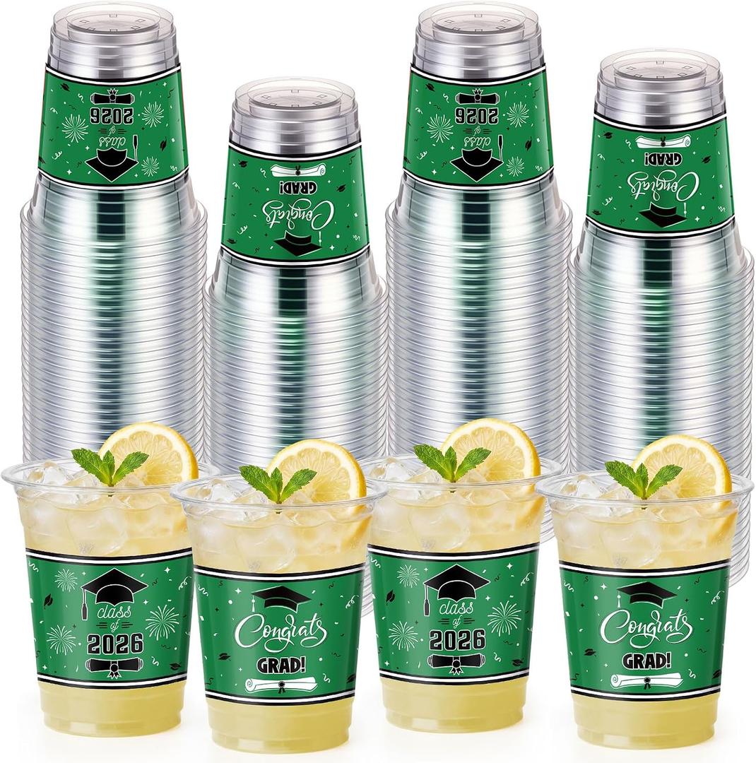 Honeydak 50 Pcs Graduation Cups 12 oz Class of 2026 Plastic Cups Green and Black Graduation Party Disposable Drinking Glasses for Congrats Grad School Classroom Party Favors Supplies Decoration