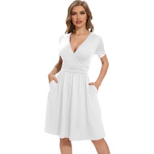 Summer Dresses for Women 2025 Casual Wrap V Neck Sundress Short Sleeve Vacation Graduation Dress M