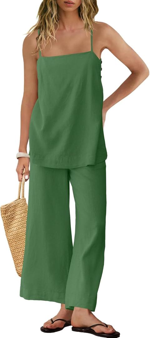 Panadila 2 Piece Linen Set Summer Travel Beach Vacation Outfit Sexy Spaghetti Strap Tank Top and Pants with Pockets (Small, Grass Green)