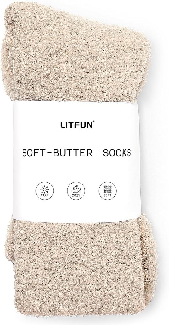 Litfun Fuzzy Socks for Women Cozy Fluffy Winter Warm Sleep Socks Super Comfy and Soft (6-8, Stone) M