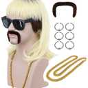 VGbeaty 70s 80s Adult Men Long Curly Black Root Blonde Mullet Mutsache Wig with Gold Necklace and 6 Earrings Halloween Costume Cosplay Wig