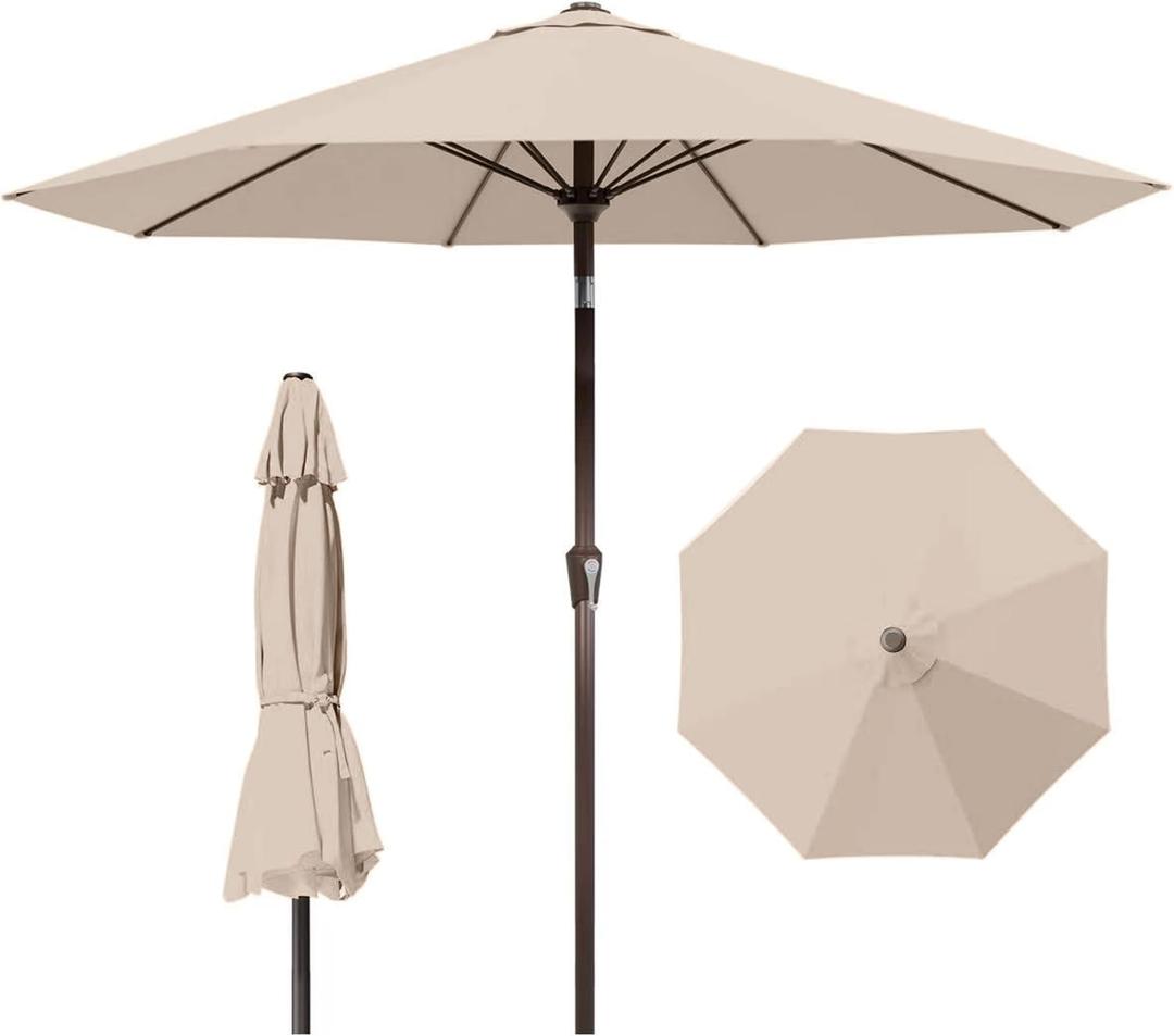 9ft Patio Umbrella with Push Button Tilt and Crank,Outdoor Market Table Umbrella UV Protection 8 Sturdy Ribs for Backyard,Garden,Pool,Deck(Beige)