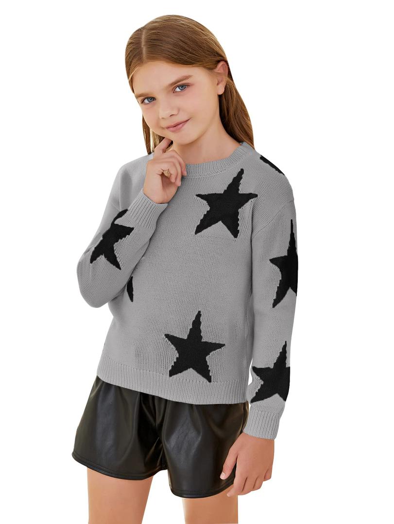 WDIRARA Girl's Star Printed Round Neck Long Sleeve Sweater Casual Drop Shoulder Pullover Knitwear Grey Black 8Y (Gray, S)