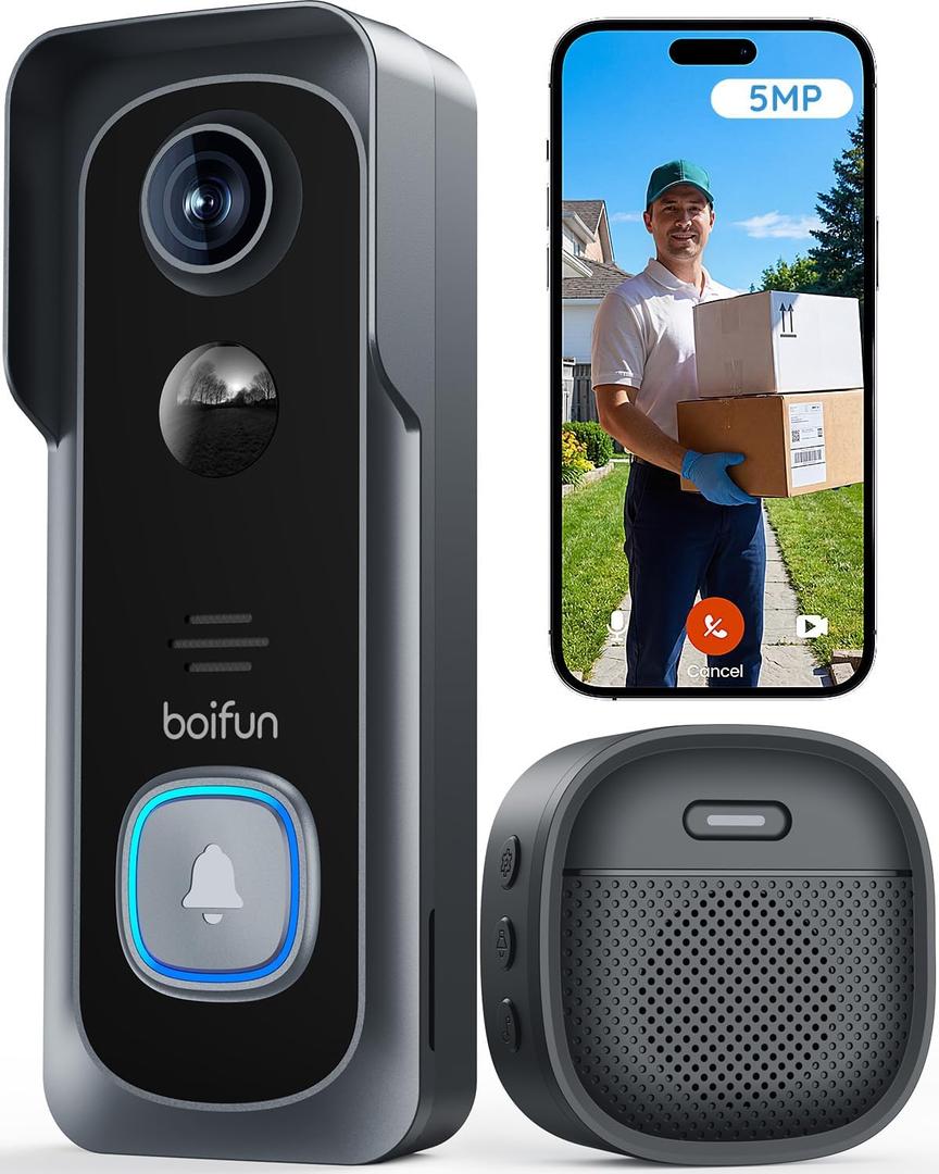 BOIFUN 5MP Video Doorbell Camera Wireless Sharper Than 2K, No Subscription, 166 Wide View, HDR Night Vision, Smart Human Detection, Two-Way Audio & Battery Doorbell with Chime, 2.4 GHz Wi-Fi Only
