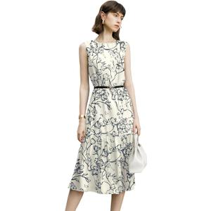 Women's Sleeveless Midi Dress with Vintage Floral Print, Round Neck, Back Button Closure, Soft Polyester Fabric (Large)